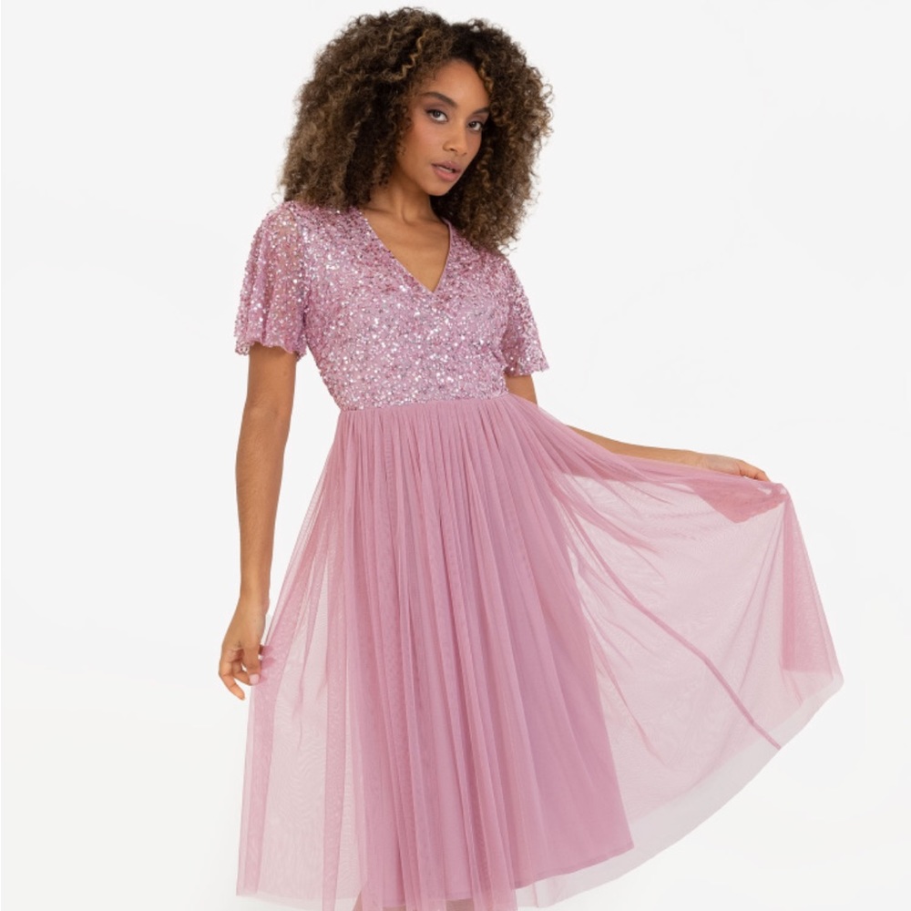 Maya Pink Faux Wrap Short Sleeve Embellished Midi Dress SIZE M,12